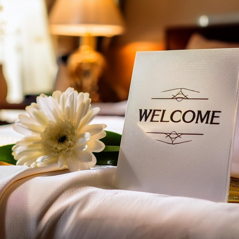 Firefly A close-up of a beautifully presented welcome card on a hotel bed 58241