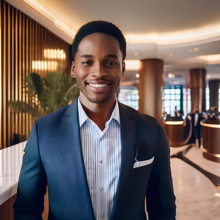 Firefly A hotel receptionist, smart african male facing the camera in a busy hotel foyer with marble (2)