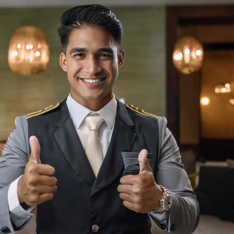 Firefly Hotel staff; happy smiling male worker in uniform; service concept with his thumbs up 90563 (1)